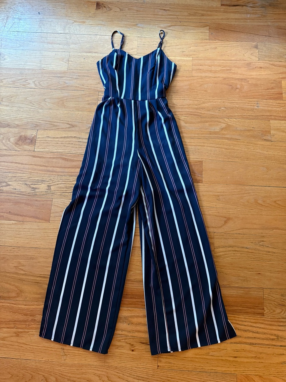 Monteau Navy, white, and pink Striped Spaghetti-Strap Wide-Leg Jumpsuit